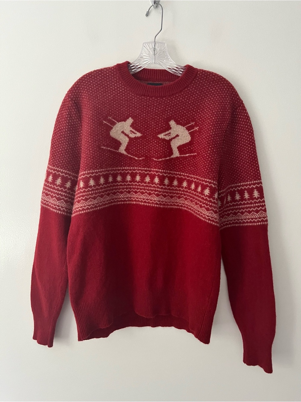J Crew 100% Lambs Wool Knit Ski Intarsia Holiday Christmas Red Sweater Large